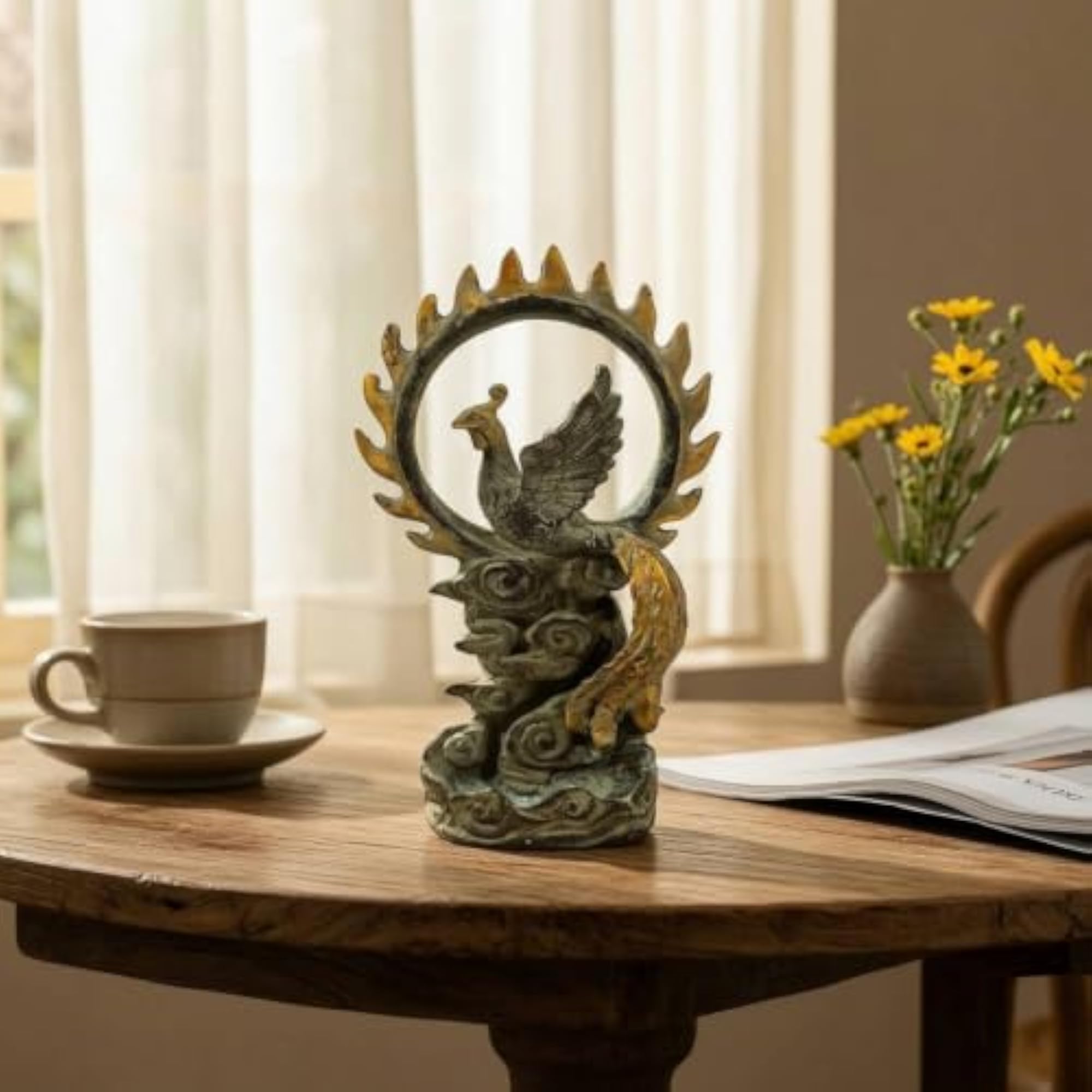 Antique-Style Phoenix Figurine with Cloud Base, Gold-Toned